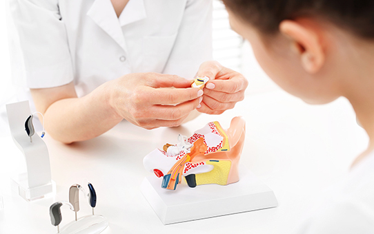 Hörakustiker erklärt Kind mit Ohrmodell und Hörgeräten die Funktion eines Hörgeräts.